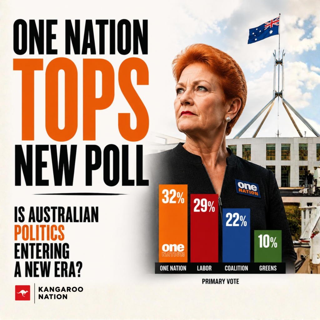 Pauline Hanson outside Parliament House beside an illustrative primary-vote chart